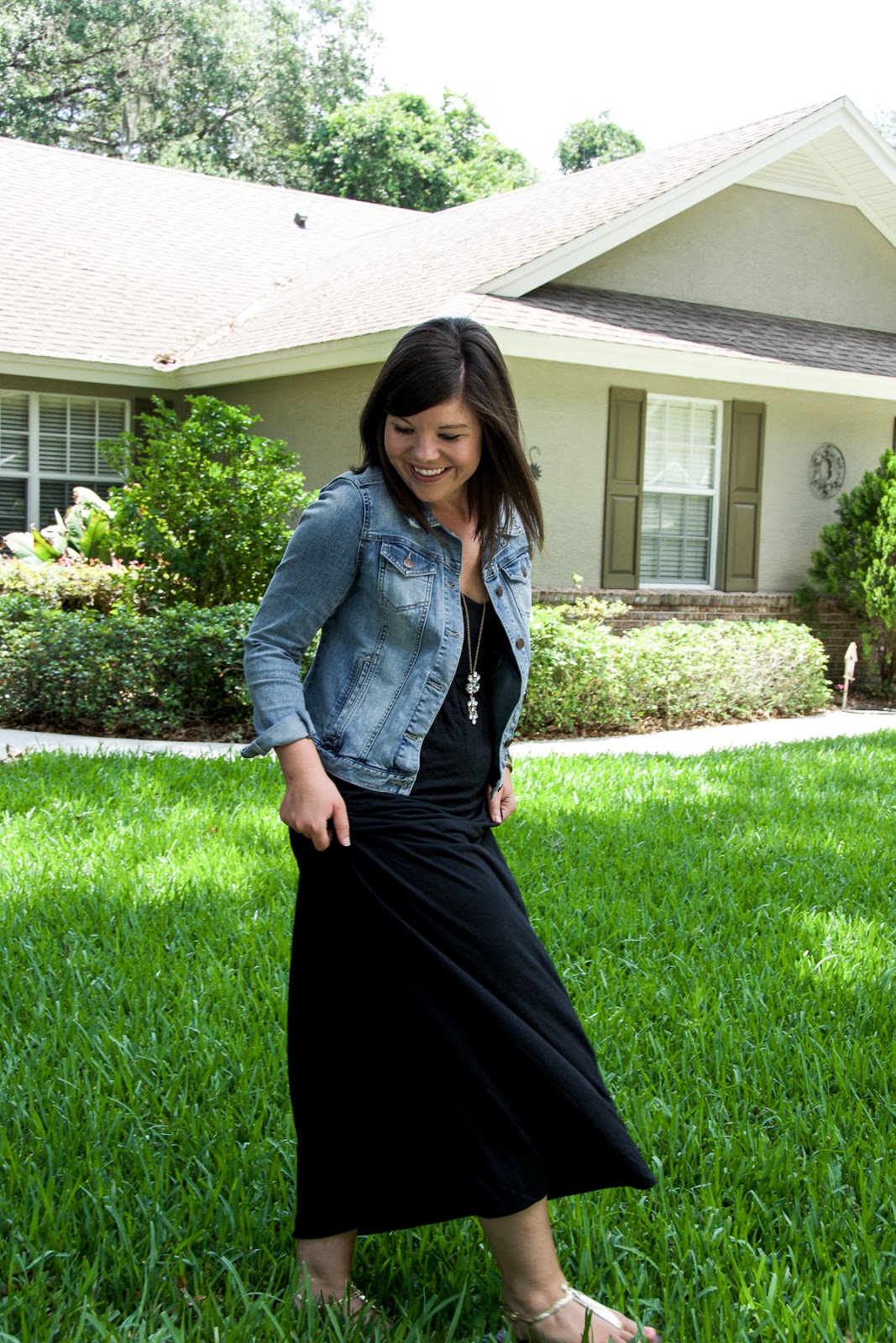 Black maxi dress and online denim jacket